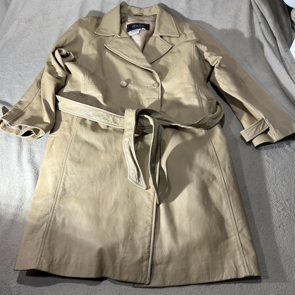 Terry Lewis Tan Genuine Leather Trench Coat Removable Liner Womens 1X Belted